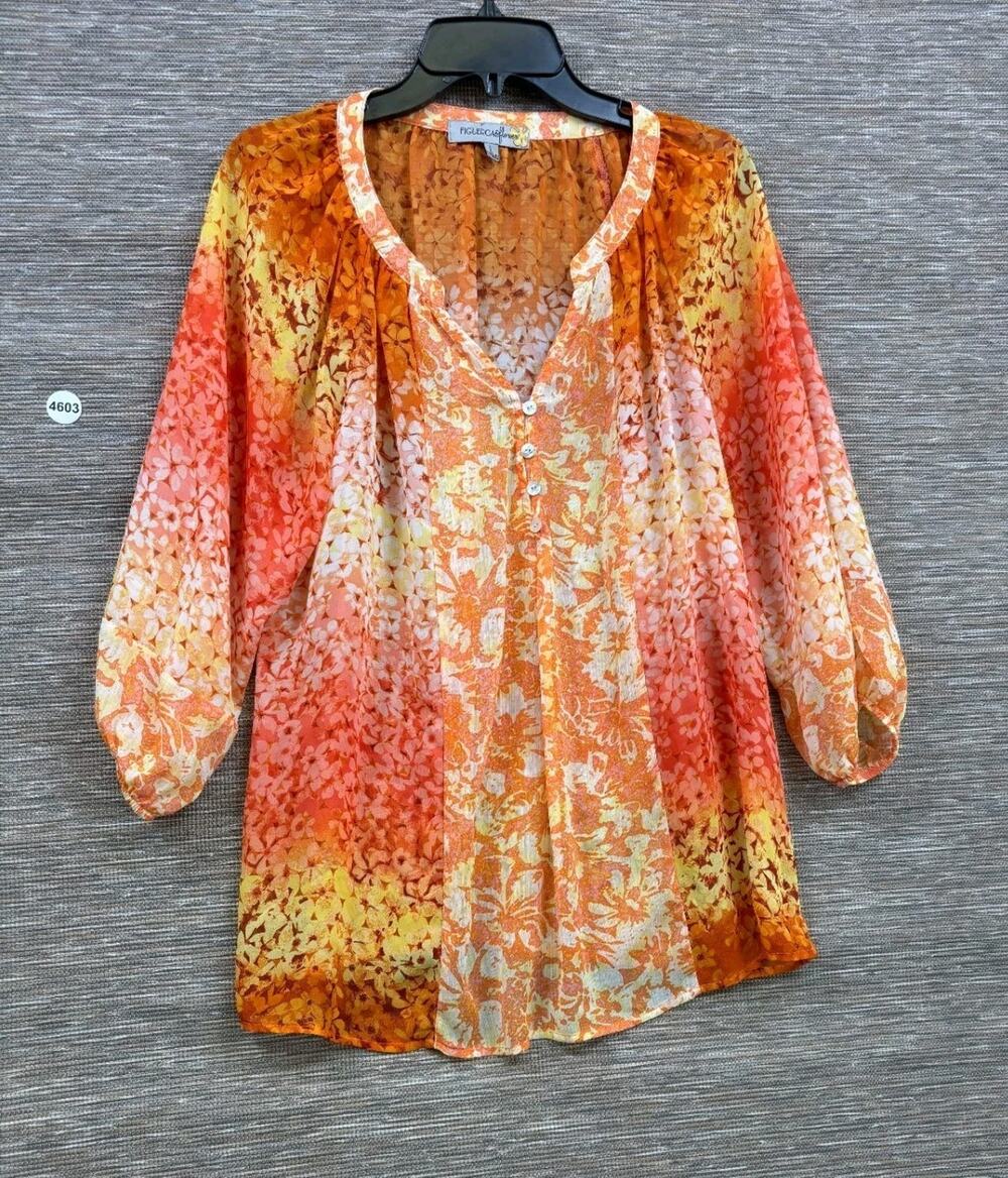 Figueroa & Flower Womens L Boho Sheer Floral Ombre Chiffon Blouse 3/4 Sleeve